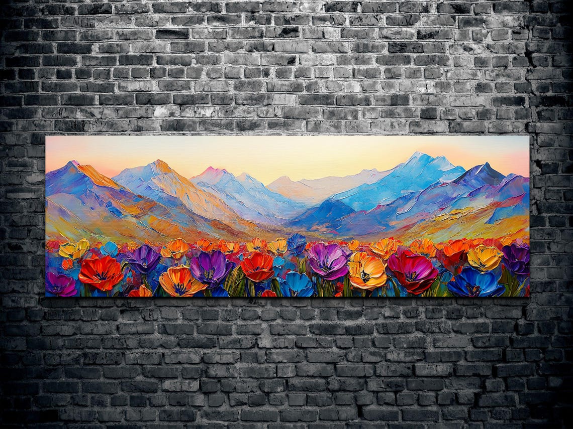 Vibrant Wildflower Meadow Pastel Mountain Dawn Panoramic Poster - Image 2