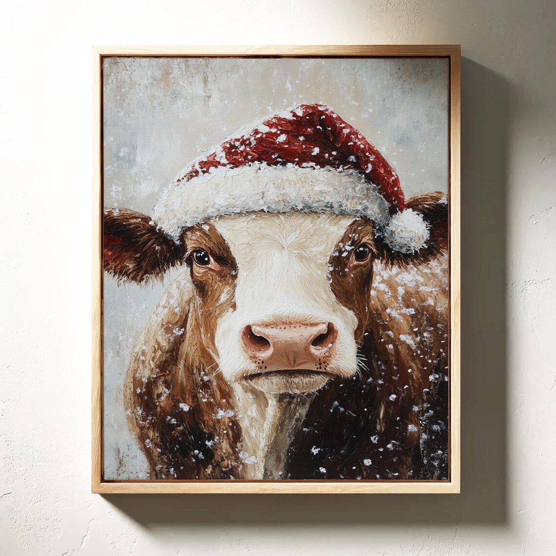 Cute Cow Wearing a Snowy Santa Hat in a Cozy Christmas Animal Poster - Image 3