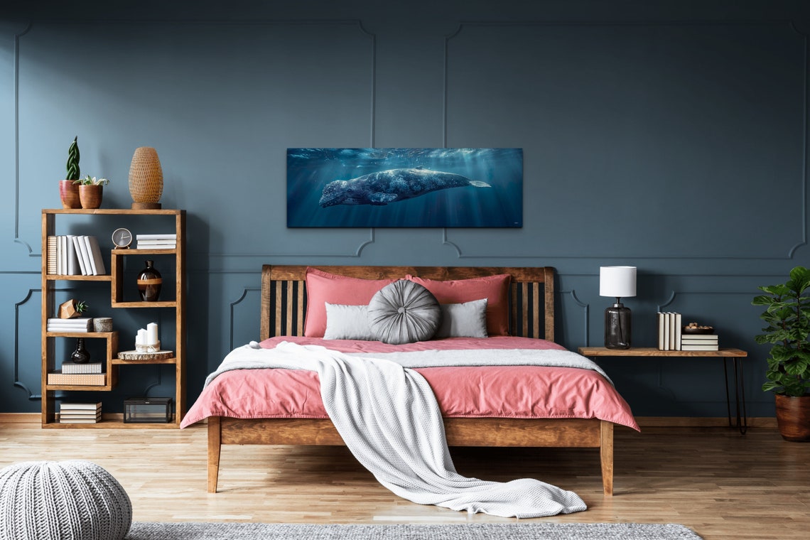 Humpback Whale Gliding Through Sunlit Deep Blue Ocean Panoramic Poster - Image 5