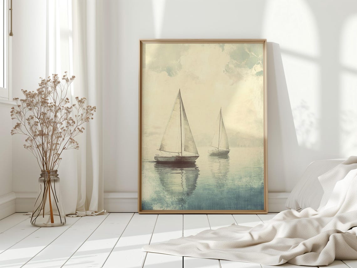 Two Vintage Sailboats on Calm Water Serene Nautical Wall Poster - Image 2
