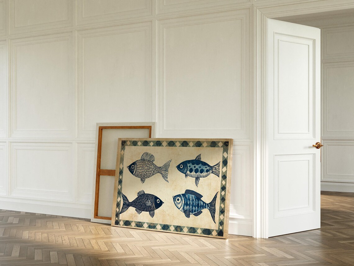 Navy Blue Fish Quartet Vintage Woodblock Style Coastal Ocean Poster - Image 5