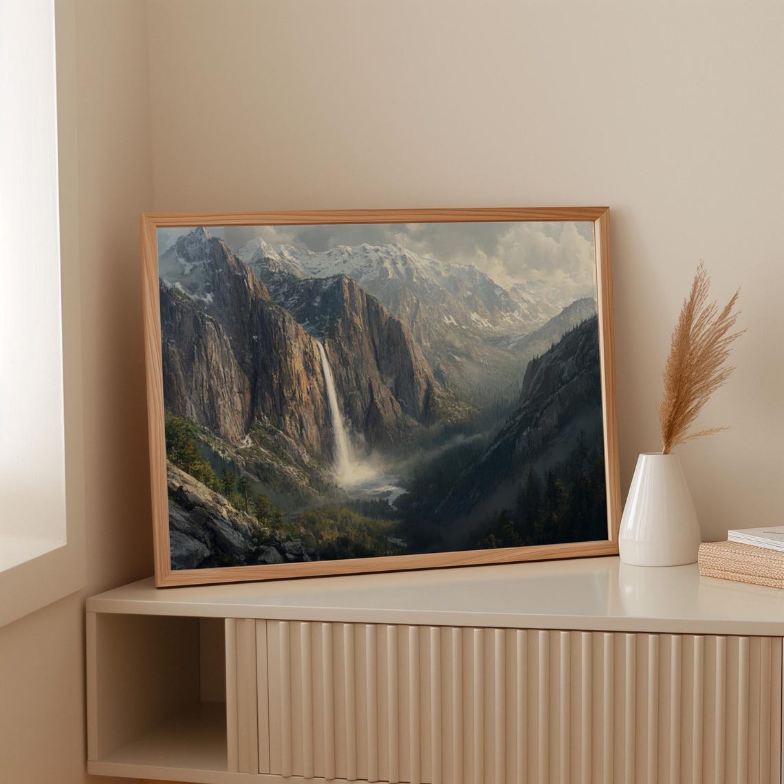 Majestic Waterfall Mountain Landscape Wall Art Nature Painting Print Scenic Wilderness Decor Misty Valley Artwork