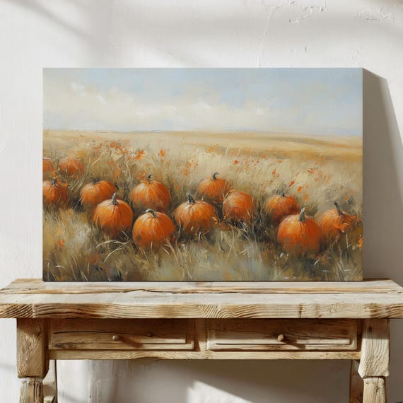 Pumpkin Patch Landscape Oil Painting On Canvas Autumn Harvest Farmhouse Wall Art Rustic Fall Field Decor For Home