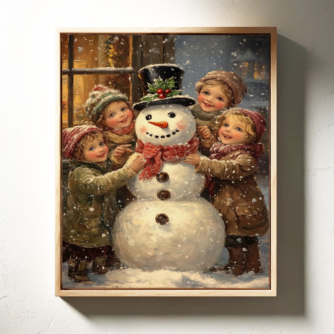 Children Building Snowman Vintage Christmas Holiday Season Poster - Image 4