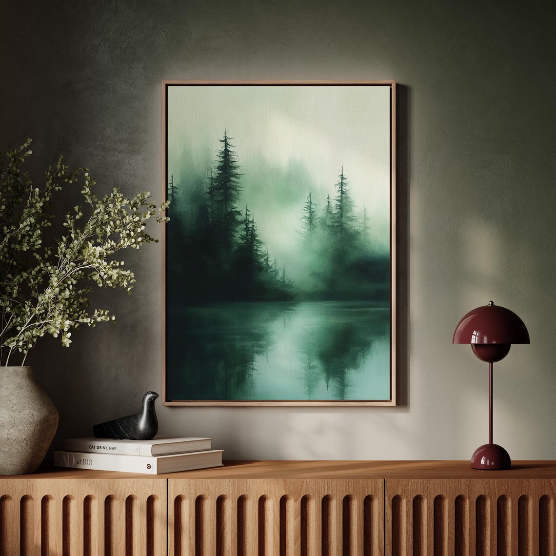 Misty Evergreen Forest Lake Foggy Green Tranquil Scene Wall Art - Image 7