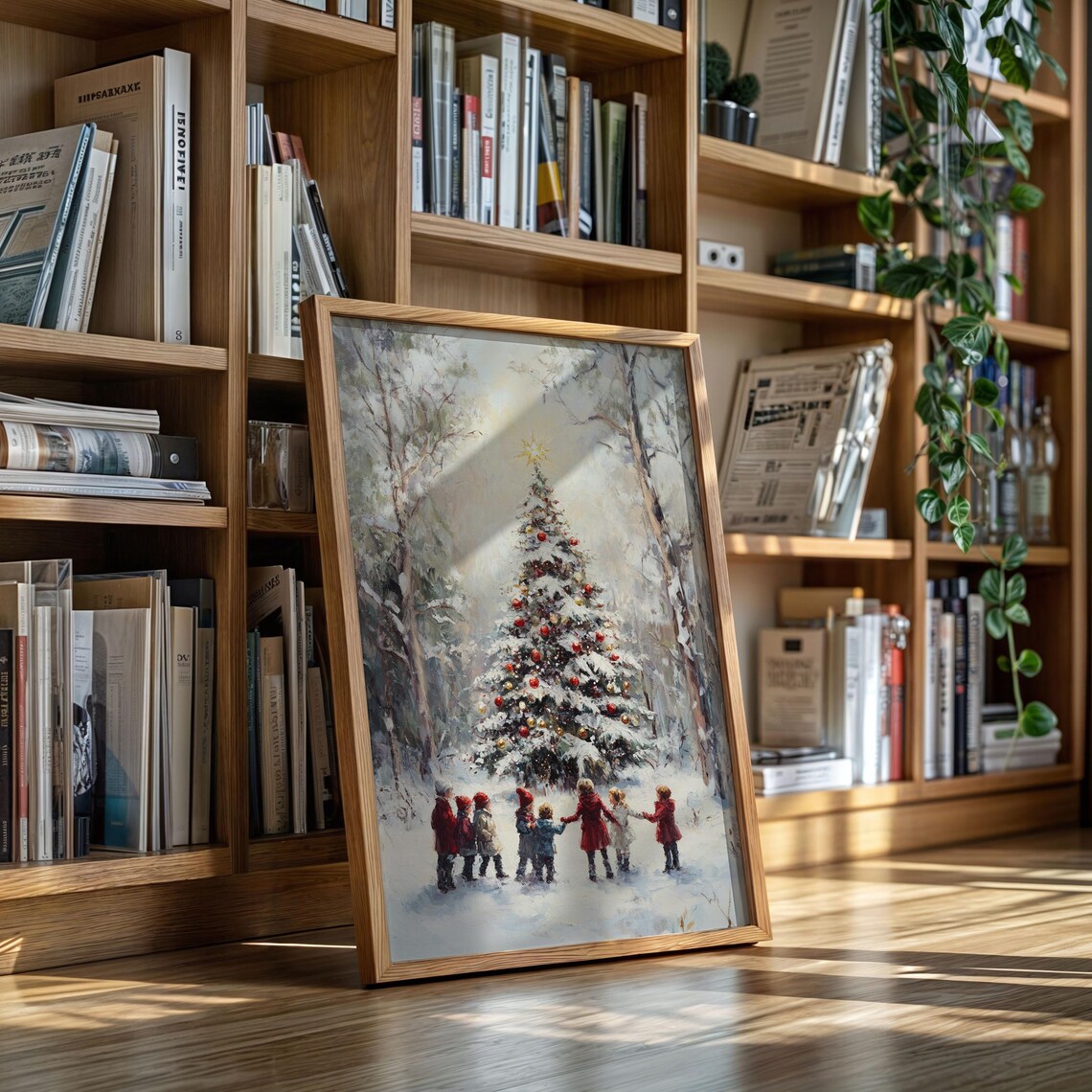 Children Holding Hands Around Snowy Christmas Tree Vintage Poster