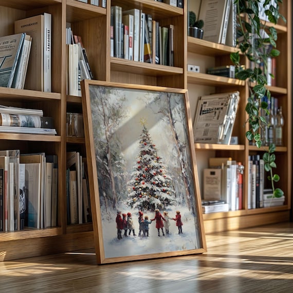 Children Holding Hands Around Snowy Christmas Tree Vintage Poster