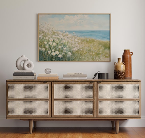 White Daisy Meadow Overlooking The Blue Ocean Coastal Poster