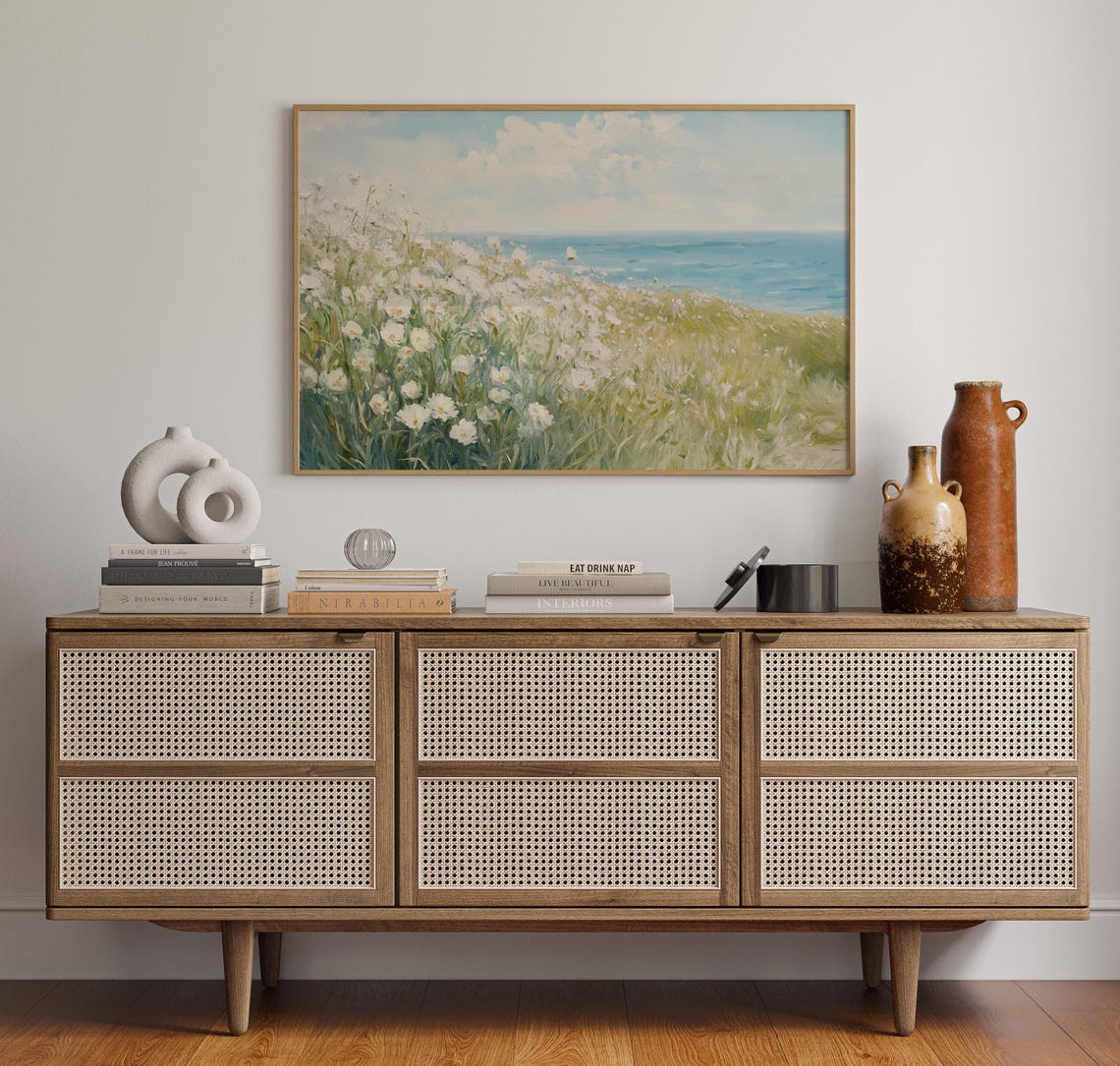 White Daisy Meadow Overlooking The Blue Ocean Coastal Poster