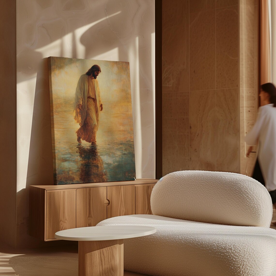 Jesus Walking on Water at Golden Sunrise Over Calm Seas Poster - Image 7
