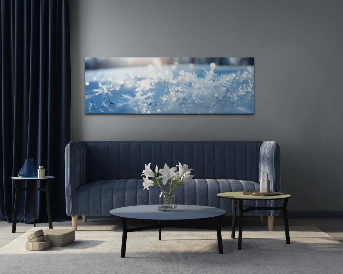 Macro Snowflake On Ice Crystals Blue Winter Panoramic Art Poster - Image 3