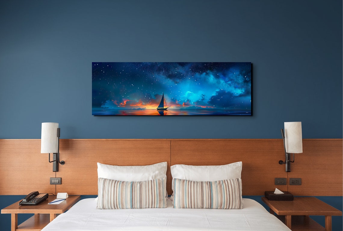 Starry Night Sailboat on Glowing Ocean Sunset Panoramic Poster - Image 5