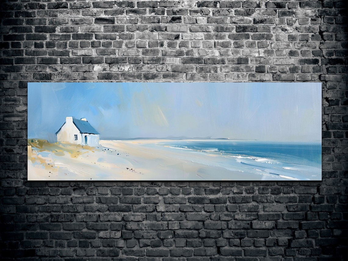 White Beach Cottage Coastal Oil Painting Panoramic Seascape Poster - Image 2