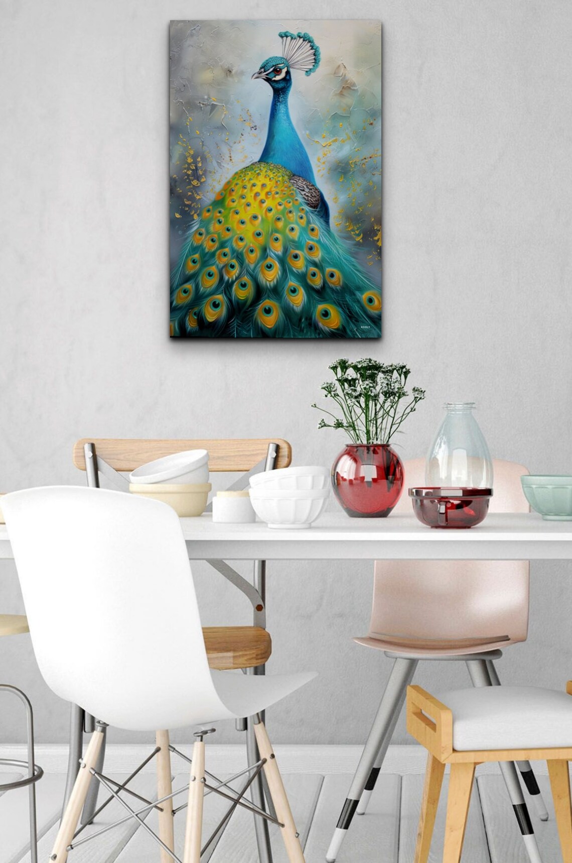 Peacock Full Plumage Textured Painting Turquoise Gold Bird Poster - Image 5