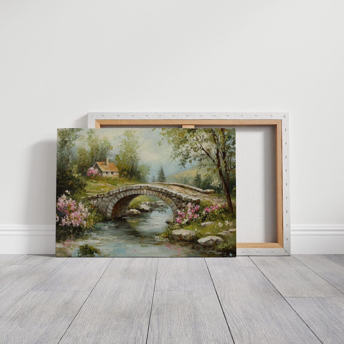 Stone Arch Bridge Over Stream With Pink Blossoms Cottage Wall Art - Image 3