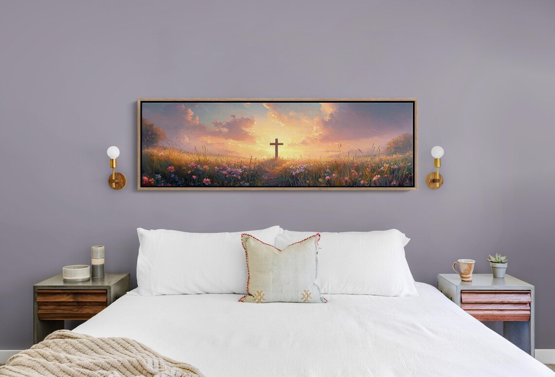 Rustic Wooden Cross Sunset Wildflower Field Christian Faith Print - Image 4