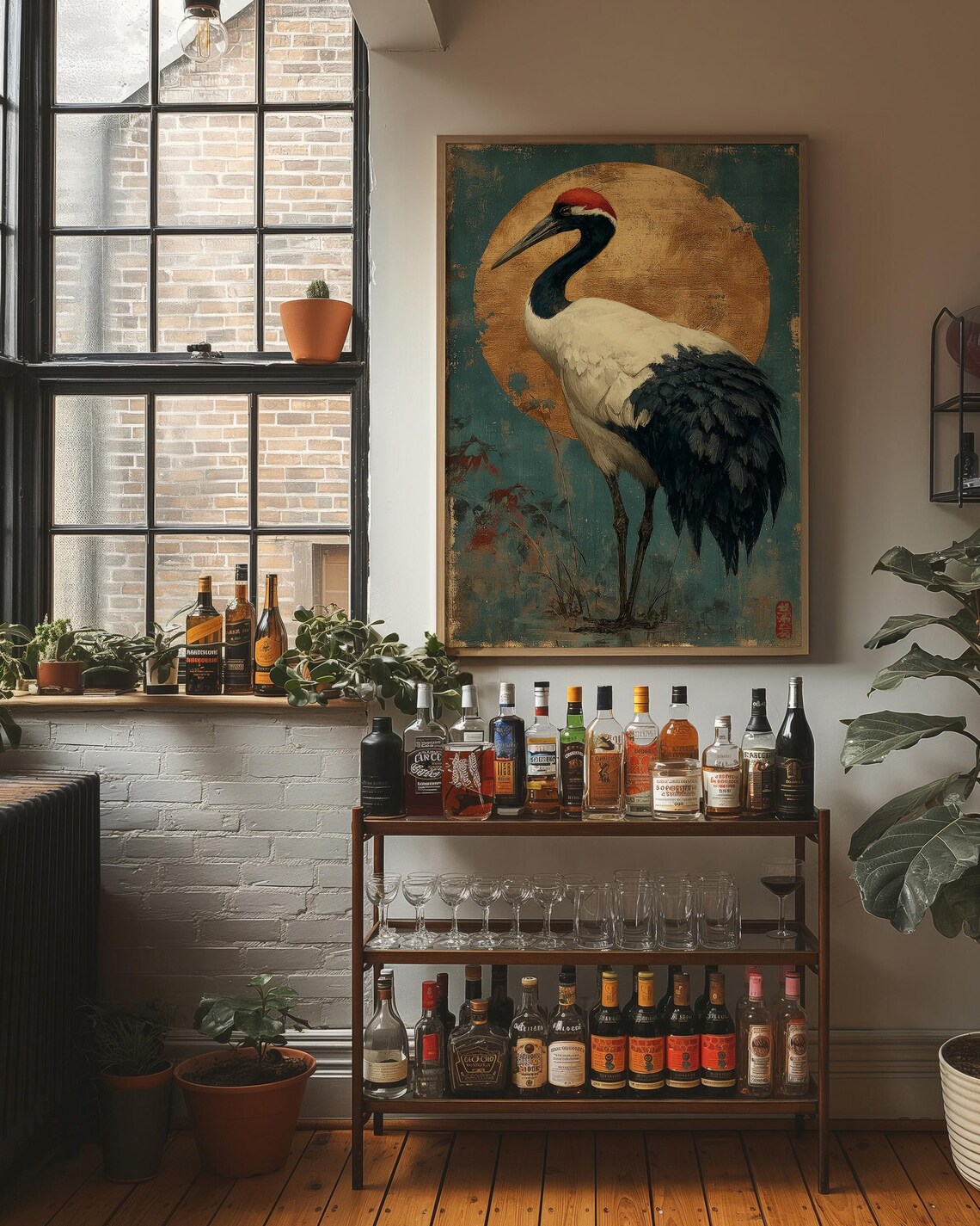 Vintage Red Crowned Crane Before a Golden Sun Japanese Art Print