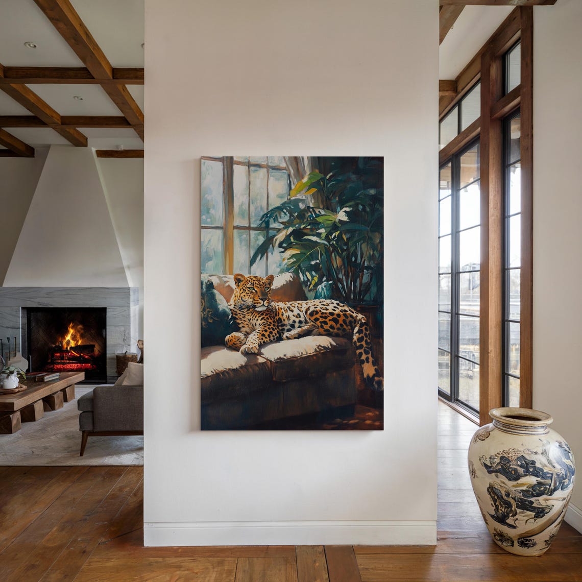 Relaxed Leopard Lounging on a Sunlit Sofa Beside Palm Plants Poster - Image 4