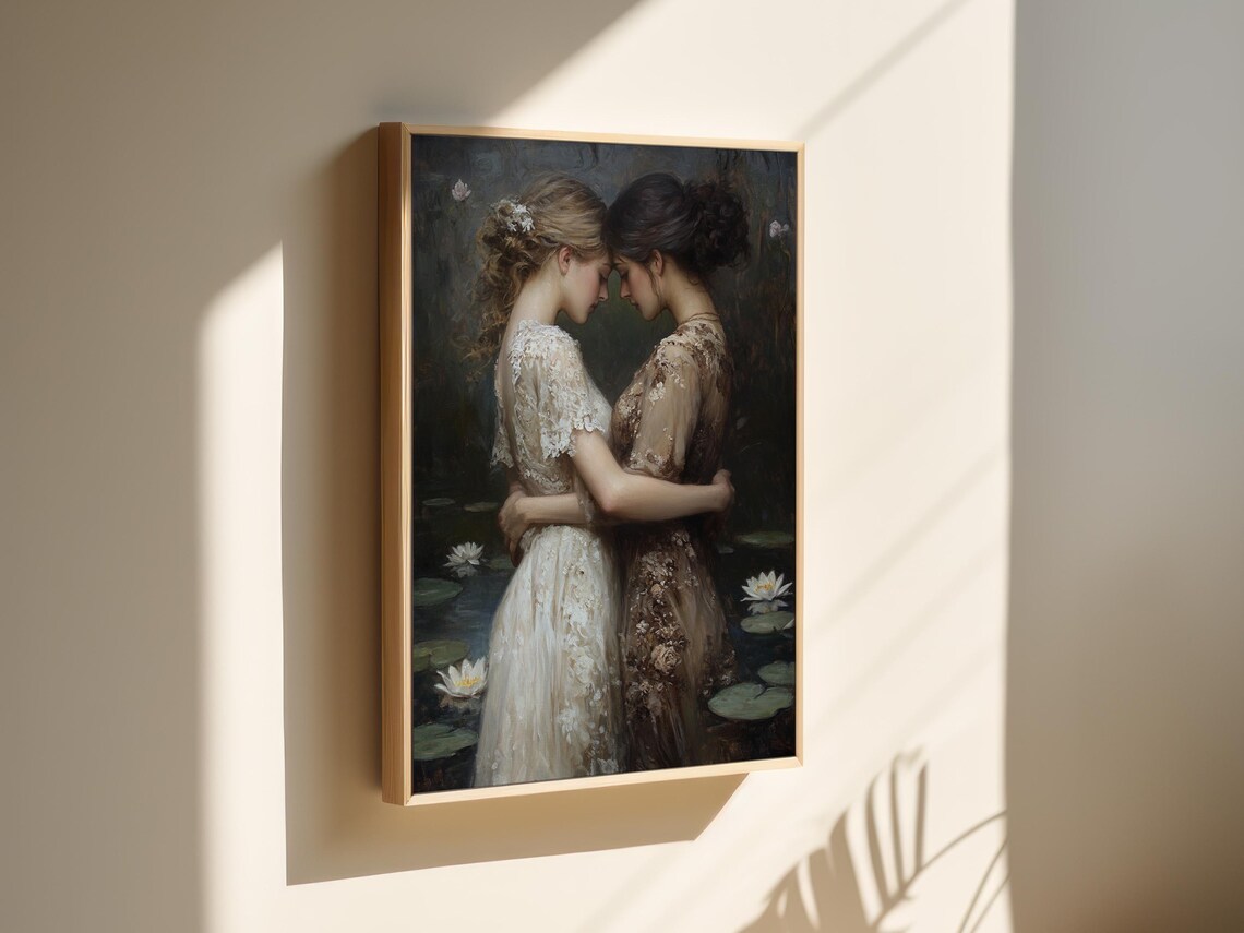 Romantic Embrace Two Women in Lace Dresses Water Lily Pond Art Poster
