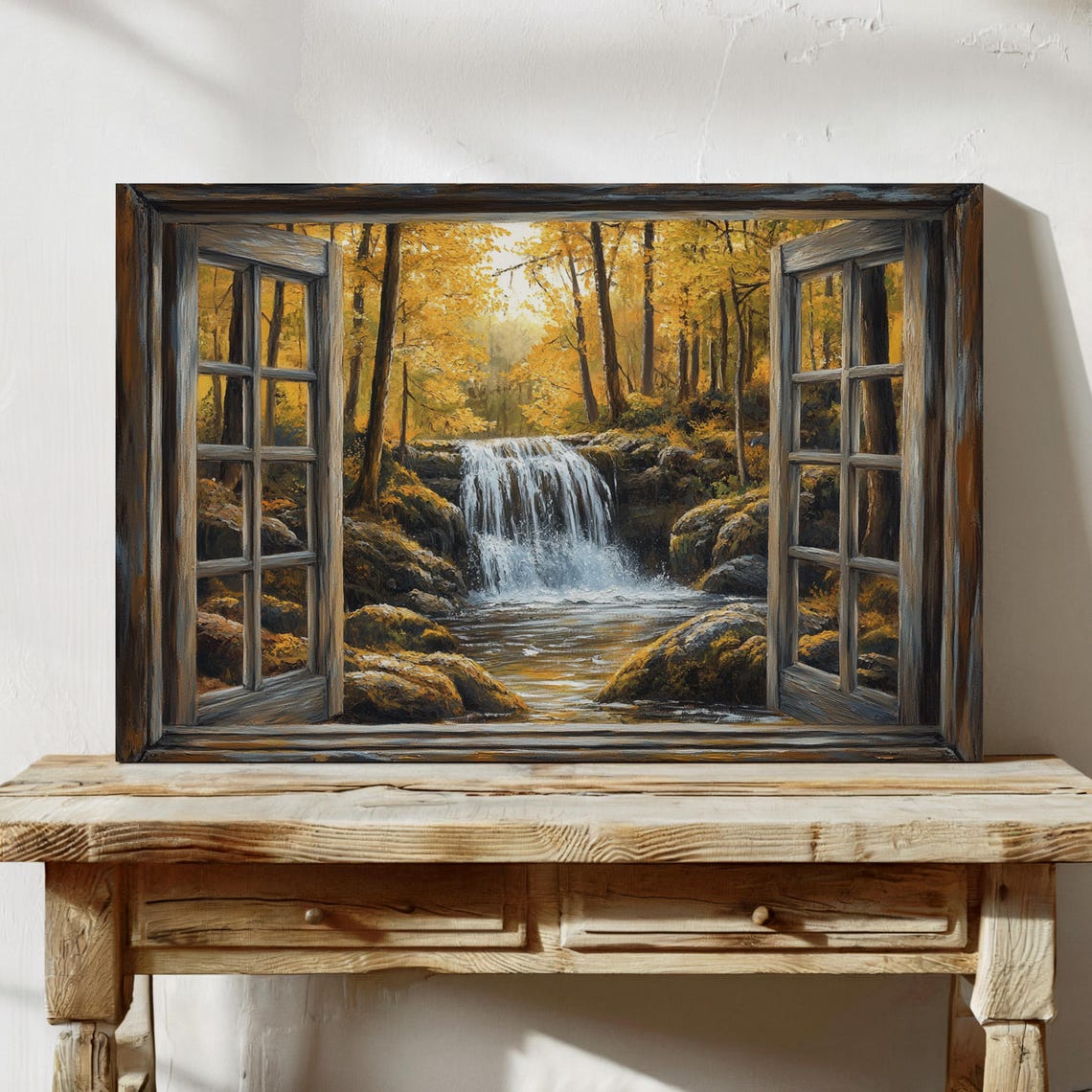 Rustic Open Window View Waterfall Autumn Woods Cozy Scene Poster - Image 4