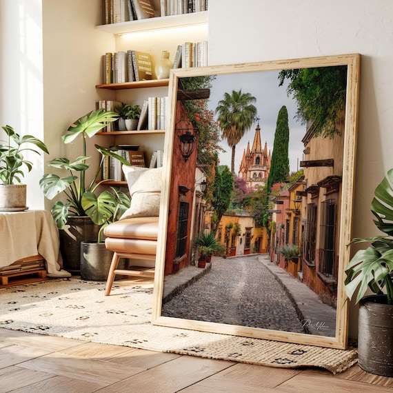 San Miguel De Allende Cobblestone Street Pink Church Photo Print