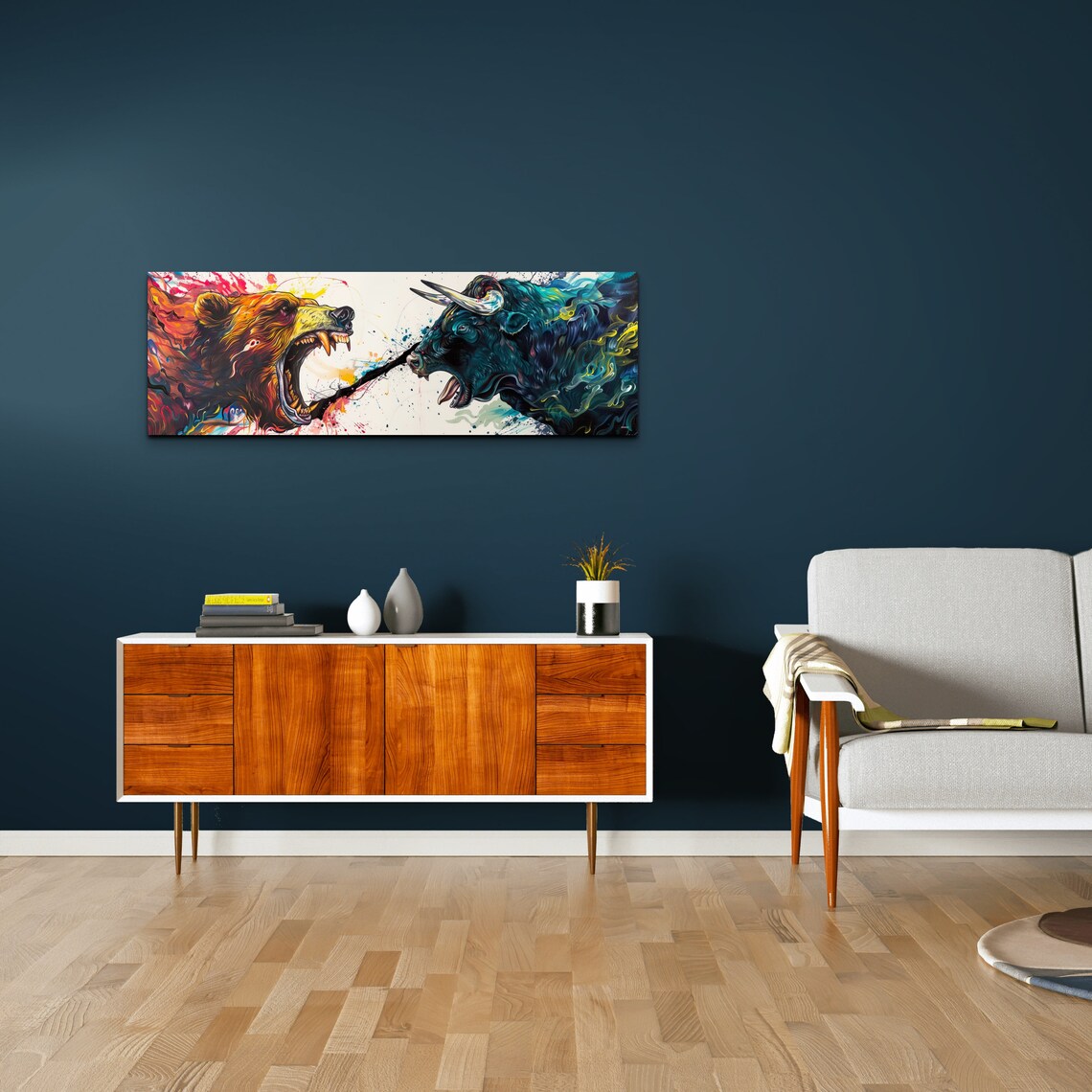 Roaring Bull And Bear Face Off Abstract Stock Market Splash Art Poster - Image 4