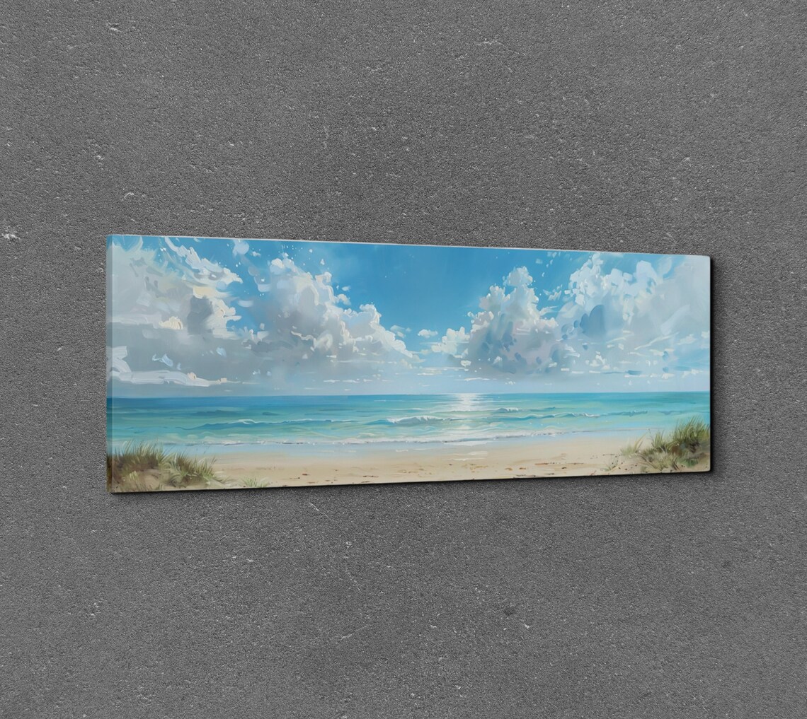 Peaceful Serene Coastal Beach Painting with White Clouds Poster - Image 3