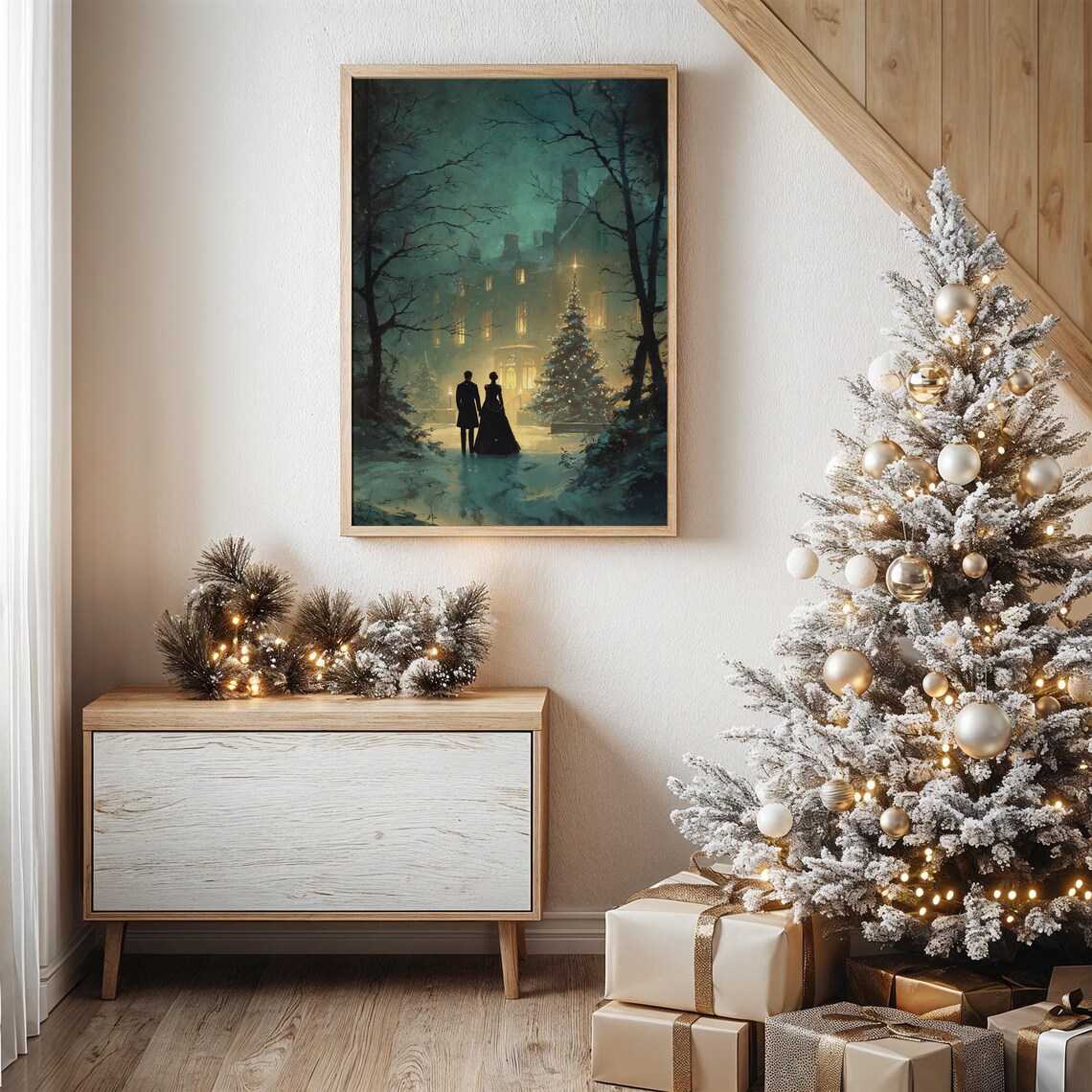 Victorian Couple Strolling to Christmas Tree, Holiday Art Print
