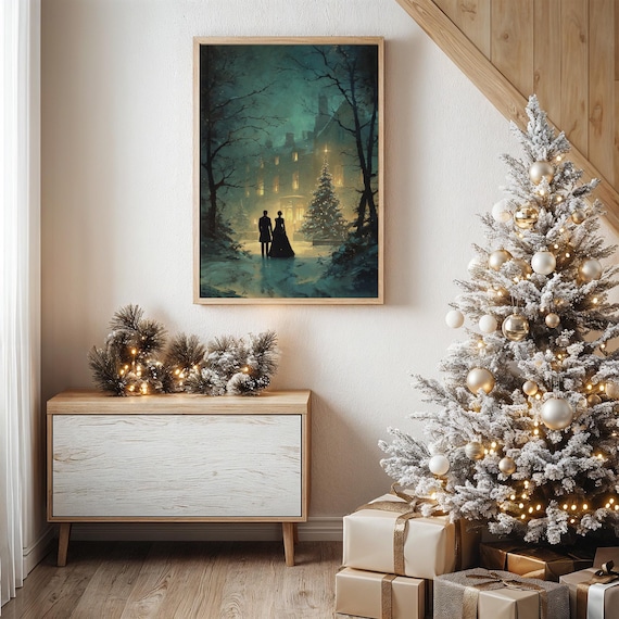Victorian Couple Strolling to Christmas Tree, Holiday Art Print