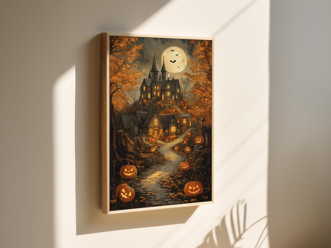 Haunted Halloween Village Jack O Lantern Path Full Moon Night Wall Art - Image 6