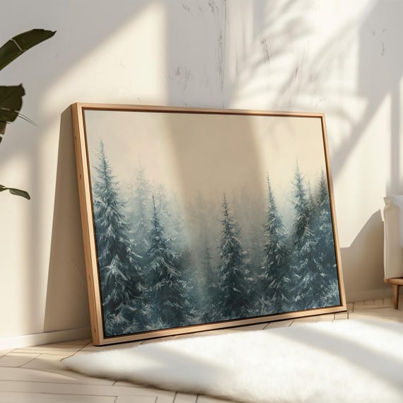 Winter Pine Forest Canvas Wall Art Snowy Trees Landscape Painting Cozy Rustic Cabin Decor Nature Wonderland Hanging