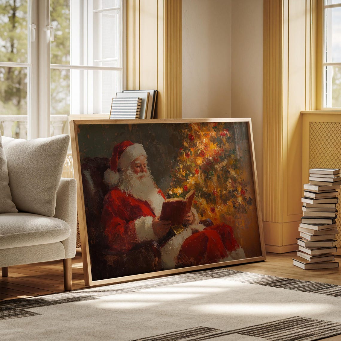 Santa Claus Reading Book Beside Golden Christmas Tree Poster - Image 5