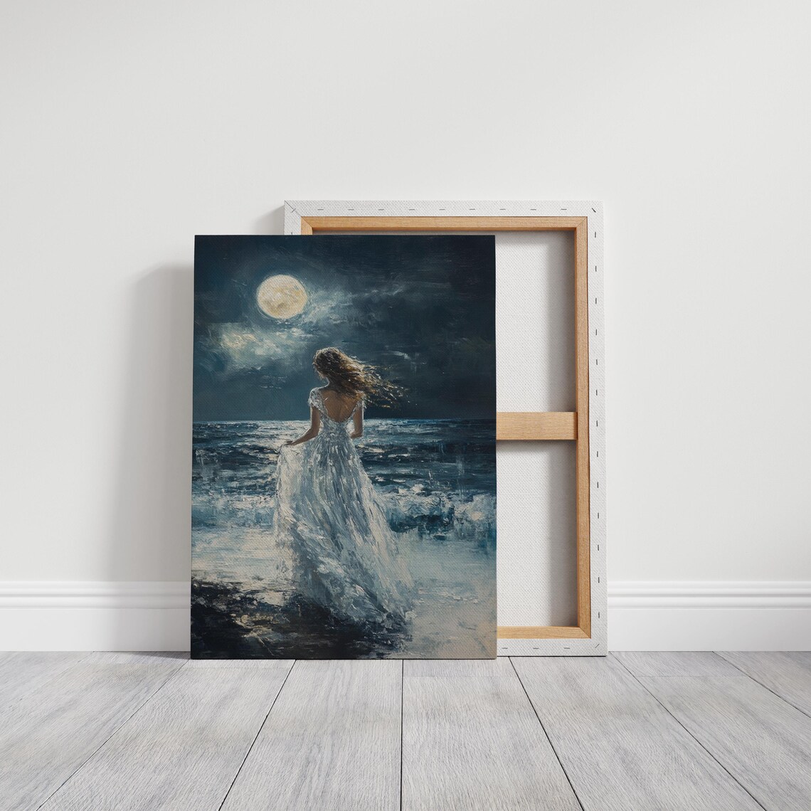 Woman in White Gown Under Full Moon by the Night Ocean Poster - Image 6