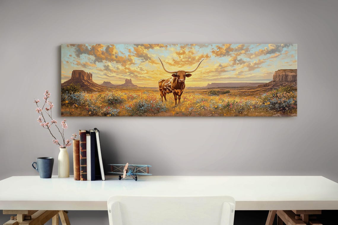 Texas Longhorn Desert Sunset Wildflower Southwestern Landscape Poster - Image 3