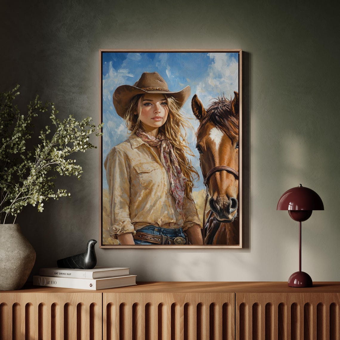 Rustic Cowgirl And Horse Western Farmhouse Wall Art Vintage Rodeo Girl Print Country Ranch Decor Wild West Painting