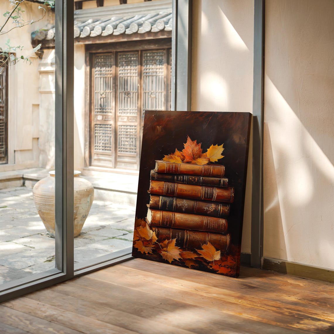 Stack of Antique Books With Autumn Maple Leaves Dark Still Life Poster - Image 5
