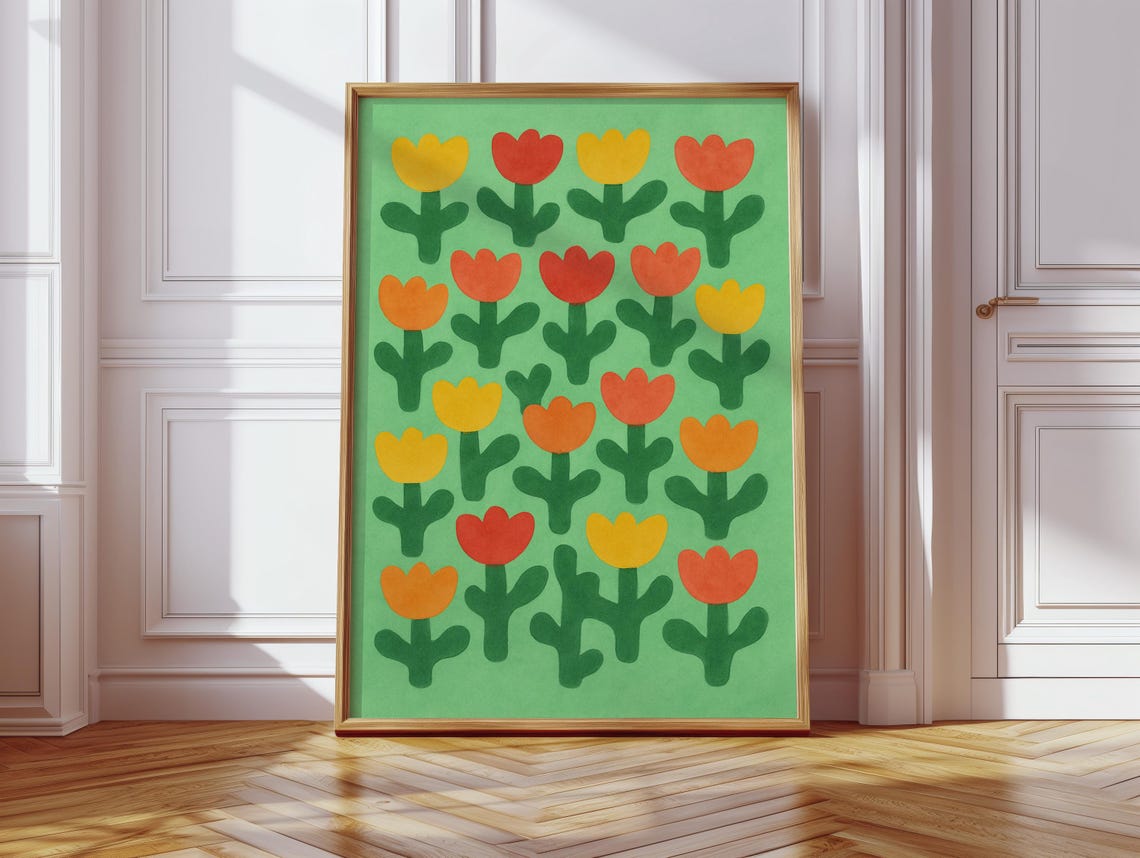 Bright Red Yellow and Orange Tulips on Green Modern Botanical Poster