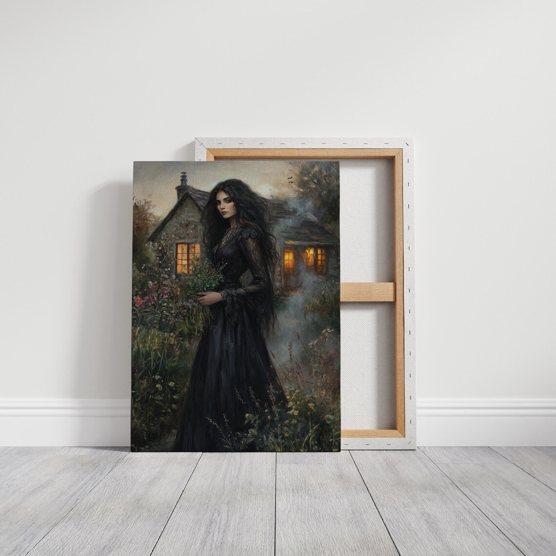 Mysterious Woman in Black Dress by a Glowing Cottage at Dusk Poster - Image 3