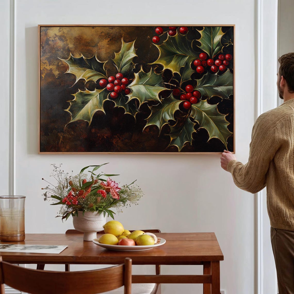 Vintage Holly Branches With Red Berries Dark Festive Holiday Wall Art