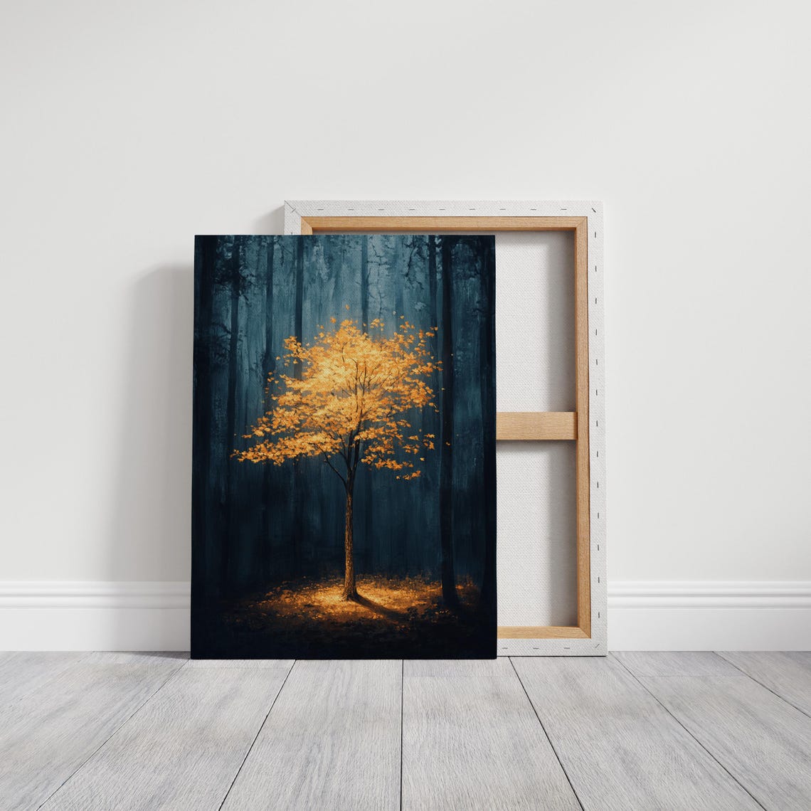 Golden Tree In Dark Forest Illuminated Nature Art Enchanted Forest Wall Decor For Serene Spaces - Image 7