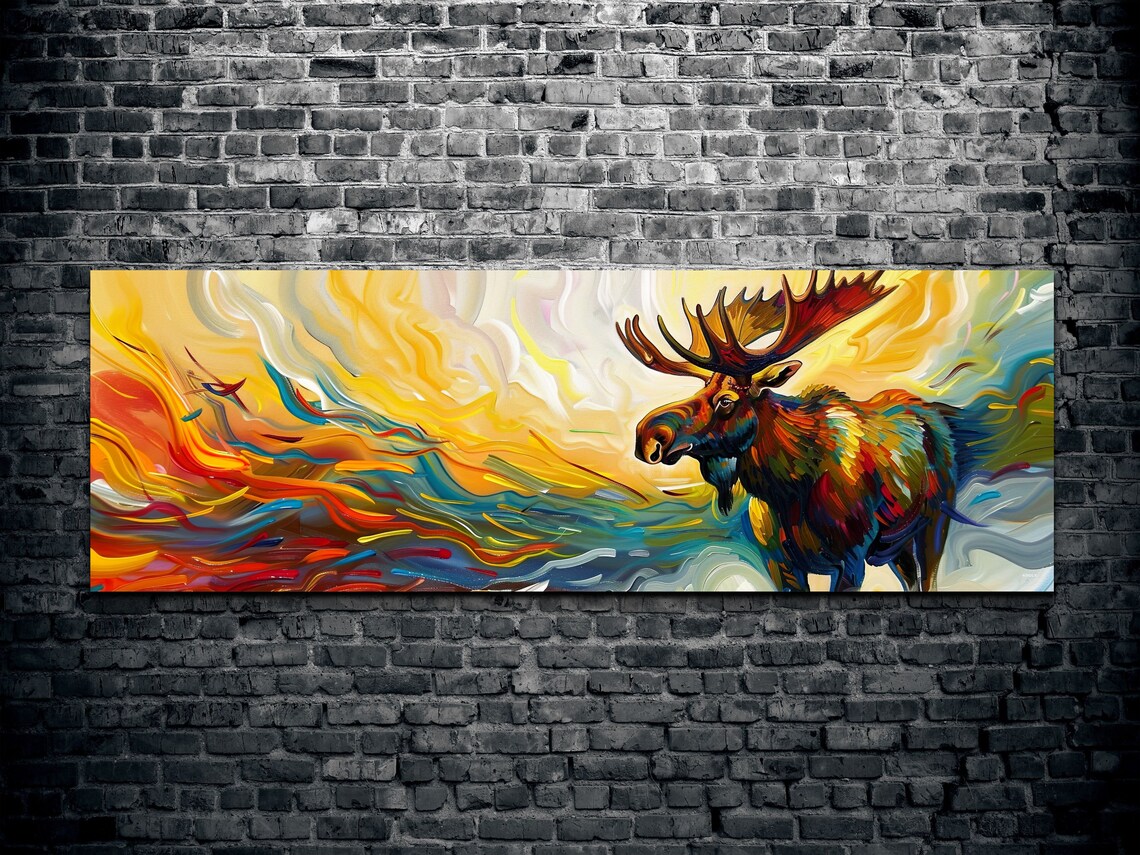 Golden Abstract Moose Standing Amid Flowing Fire And Ocean Swirls Poster - Image 2
