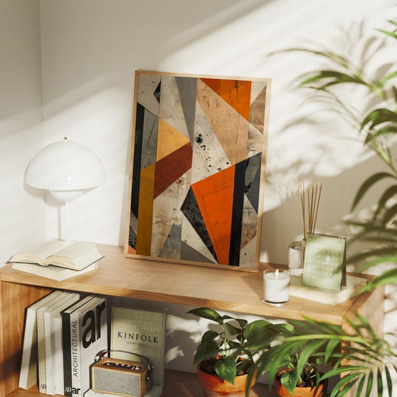 Modern Geometric Abstract Wall Art Bold Orange And Beige Canvas Mid Century Contemporary Home Dcor Minimalist Painting