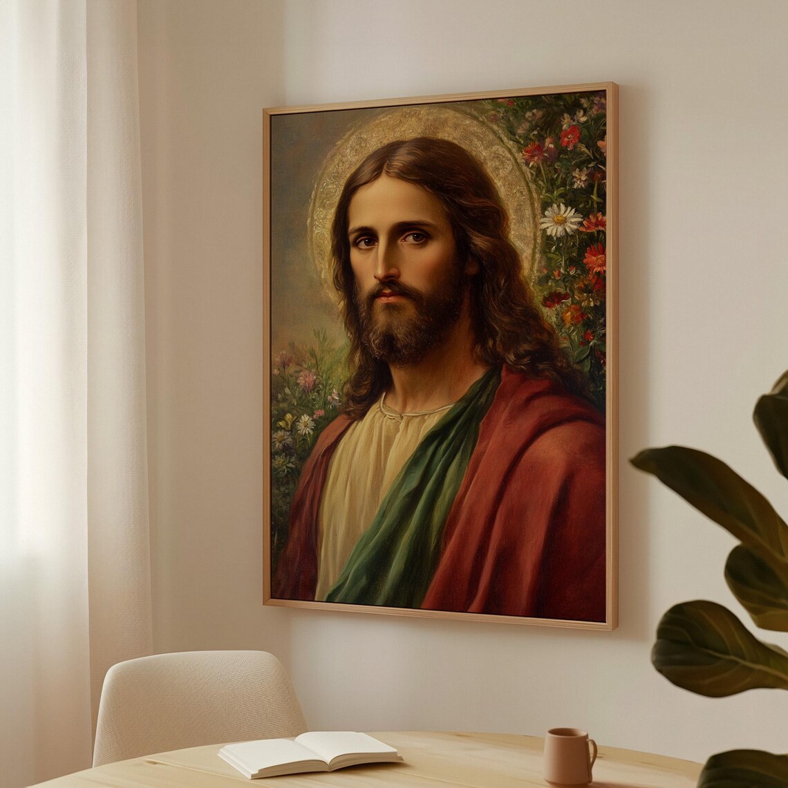 Jesus Christ Portrait With Golden Halo Wildflowers Faith Poster - Image 3