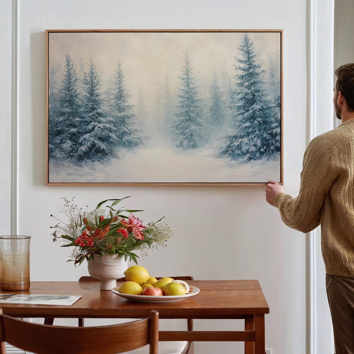 Snowy Blue Pine Forest Mist Frosty Winter Landscape Wall Art - Image 7