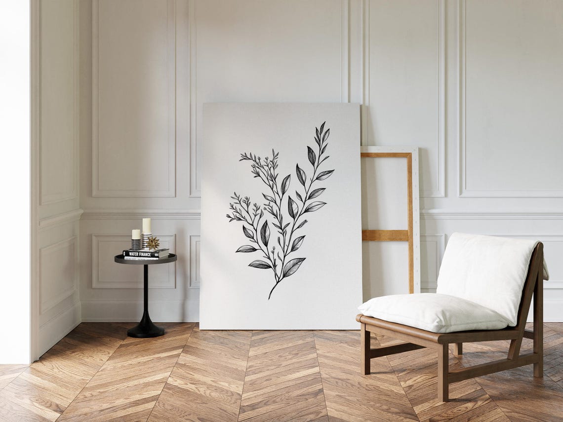 Fine Leafy Sprig Botanical Line Art Black And White Wall Poster - Image 4
