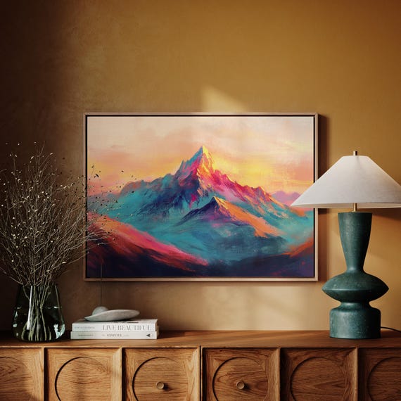 Sunset Mountain Landscape Wall Art Vibrant Abstract Peaks In Pink Blue And Gold Canvas Poster Print