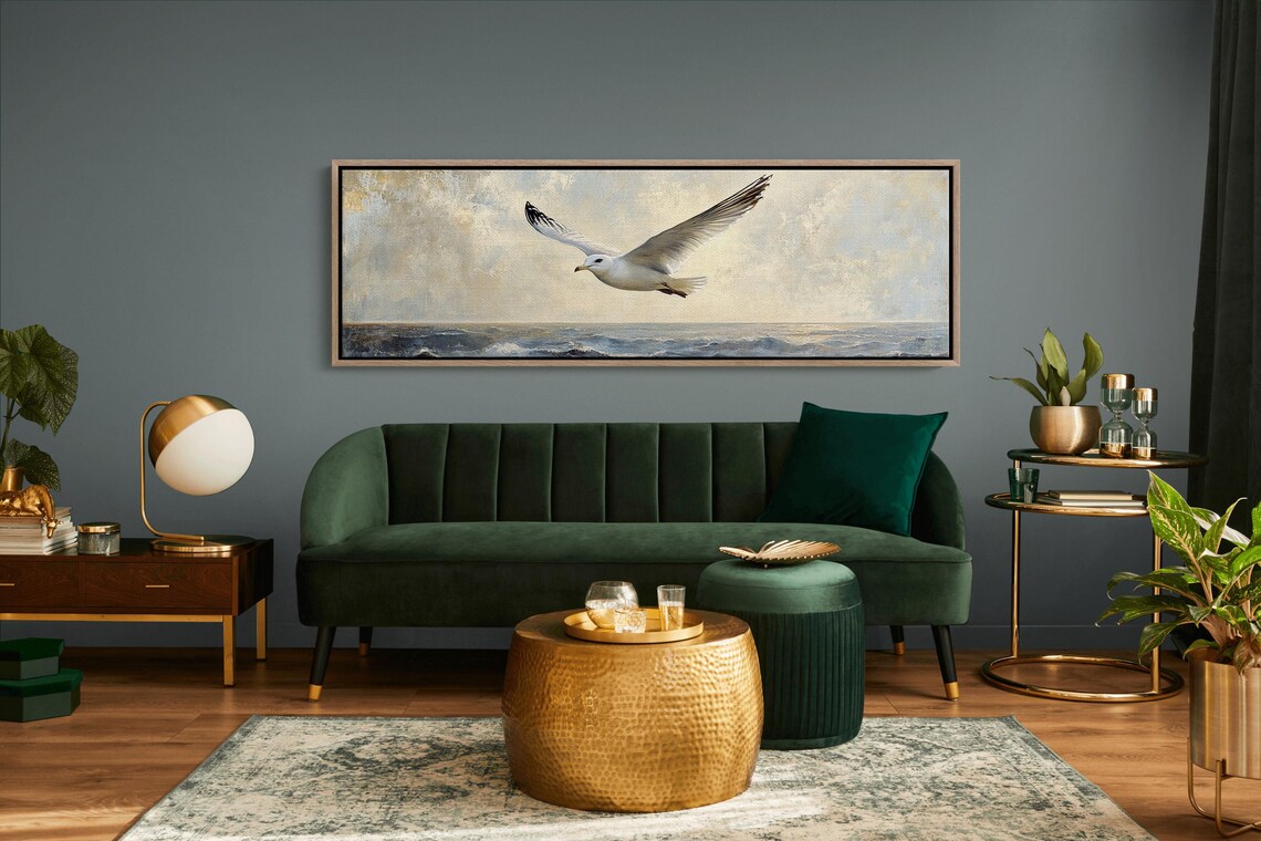 Seagull In Flight Over Ocean Coastal Bird Painting Tranquil Print - Image 2