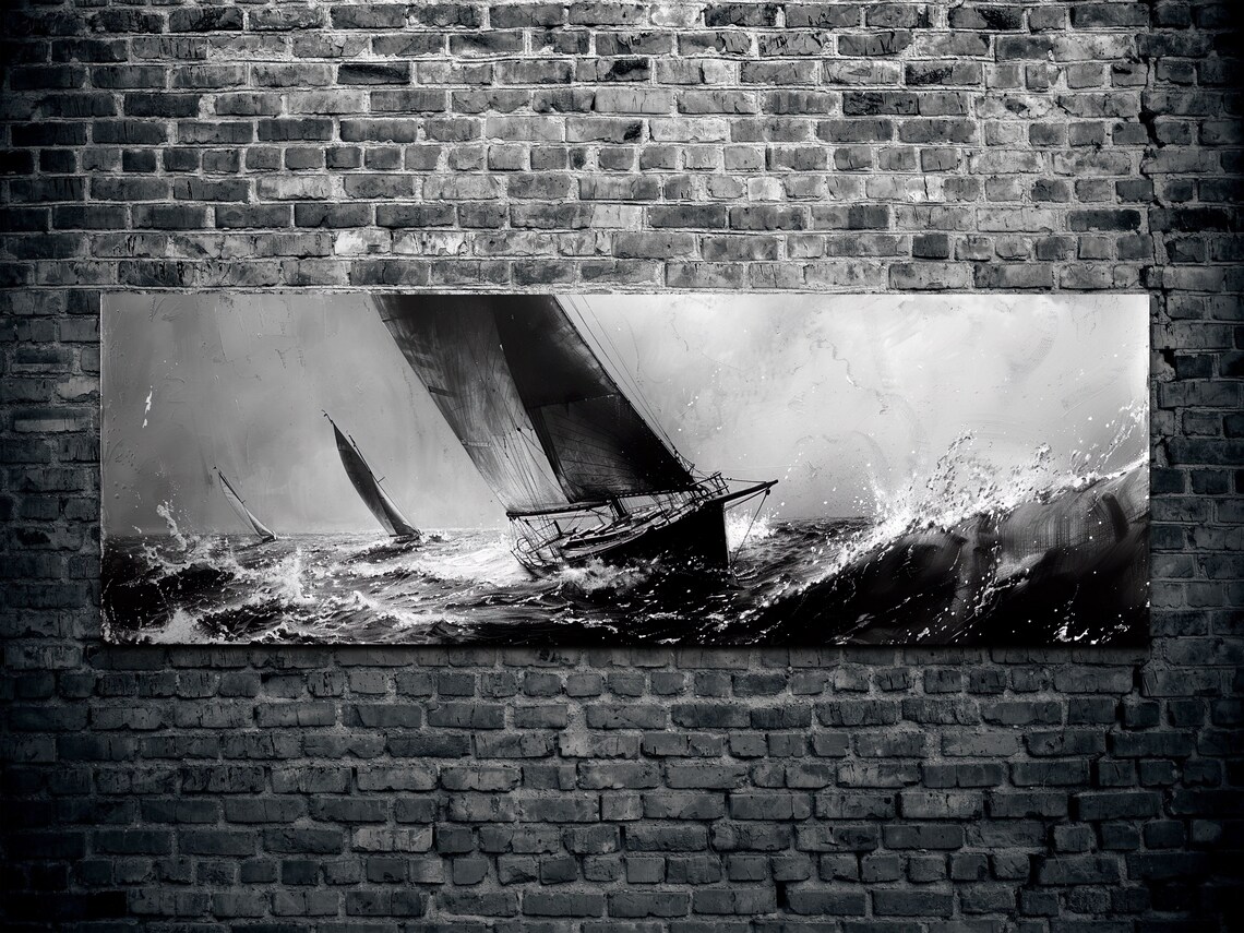 Sailboats Racing Stormy Sea Black White Dramatic Marine Panoramic Wall Art - Image 2