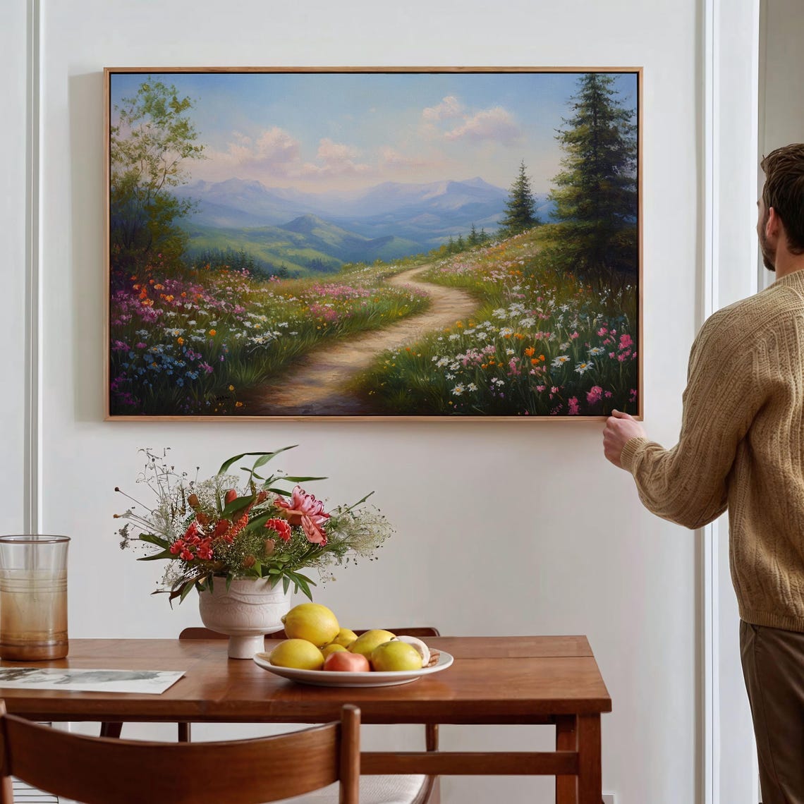 Wildflower Path Winding Through Hills Toward Blue Mountains Wall Art - Image 3