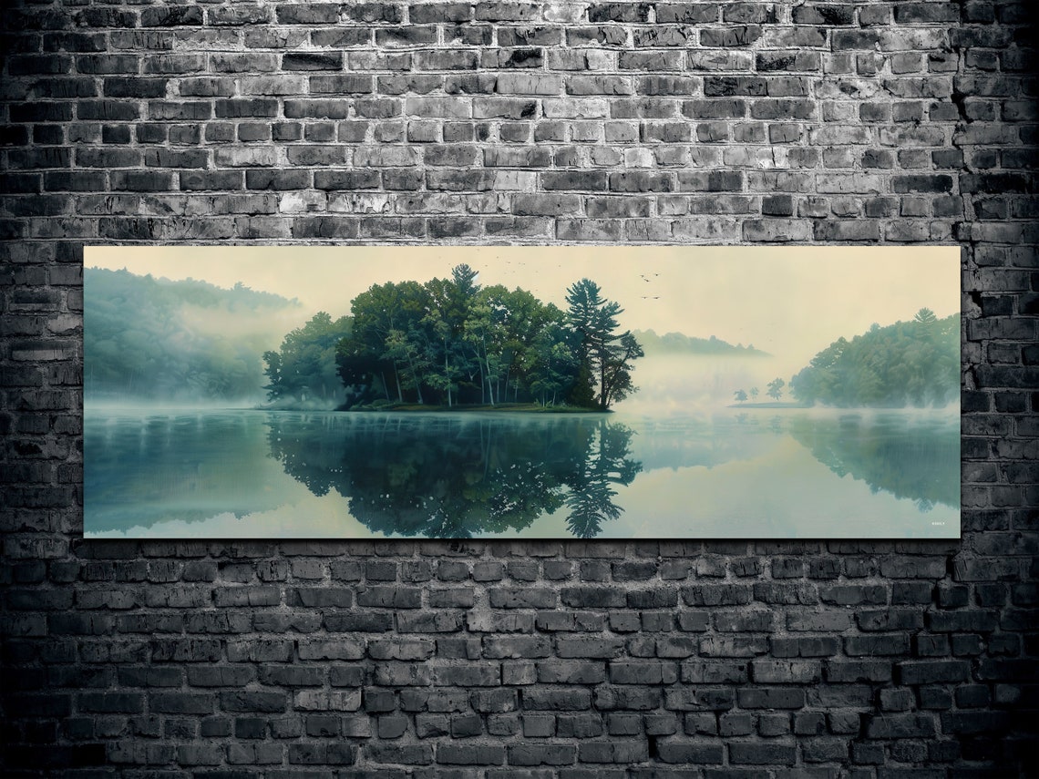 Foggy Lake With Green Island Mirror Reflection Nature Poster - Image 2
